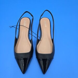 Aldo‎ Women's Black Leather Cap-Toe Pointed-Toe Slingback Flats Size 7.5 NEW